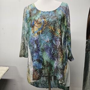 Pretty Woman Multicolor Abstract Print Mesh Tunic Top Size L Boho Artsy Overlay